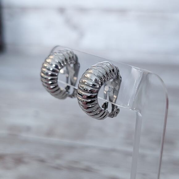 Vintage Bergere Clip On Earrings Silver Tone Statement Half Hoop - Picture 1 of 5